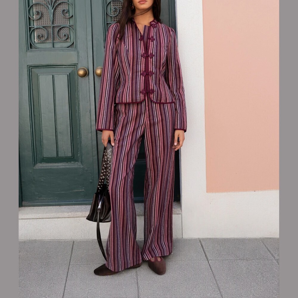 Plum Striped Frog Closure Jacket and Flared Pants Pantsuit Set